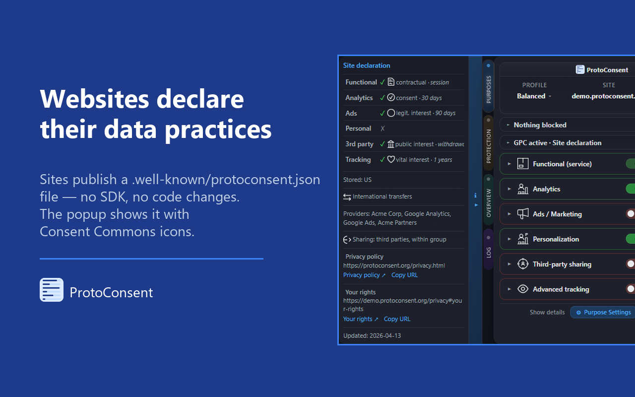Site declaration displayed in the ProtoConsent side panel