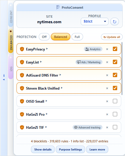 Enhanced Protection tab with curated blocklists