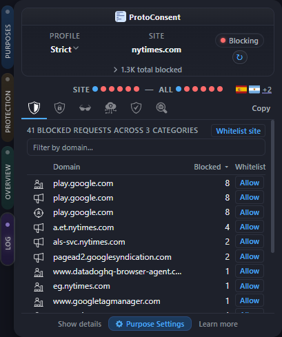 Log tab showing blocked domains by purpose (dark mode)