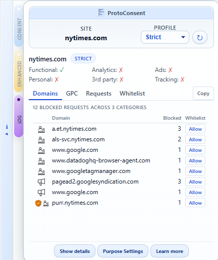 Log tab showing blocked domains grouped by purpose