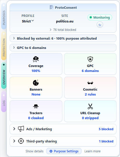 Overview tab with signal status and purpose-attributed blocks