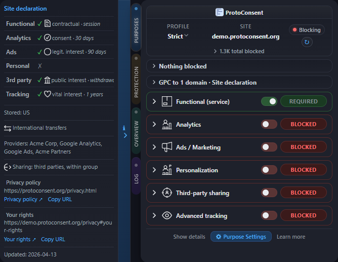 Site declaration side panel with Consent Commons icons (dark mode)