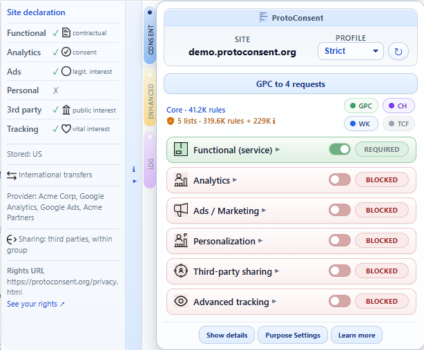 Site declaration side panel with Consent Commons icons